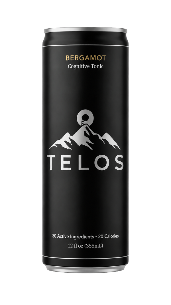 Telos Bergamot cognitive tonic can (12 fl oz) — 30 clinically-dosed nootropic ingredients for energy, focus, clarity, and endurance, lightly sweetened with real fruit juice.